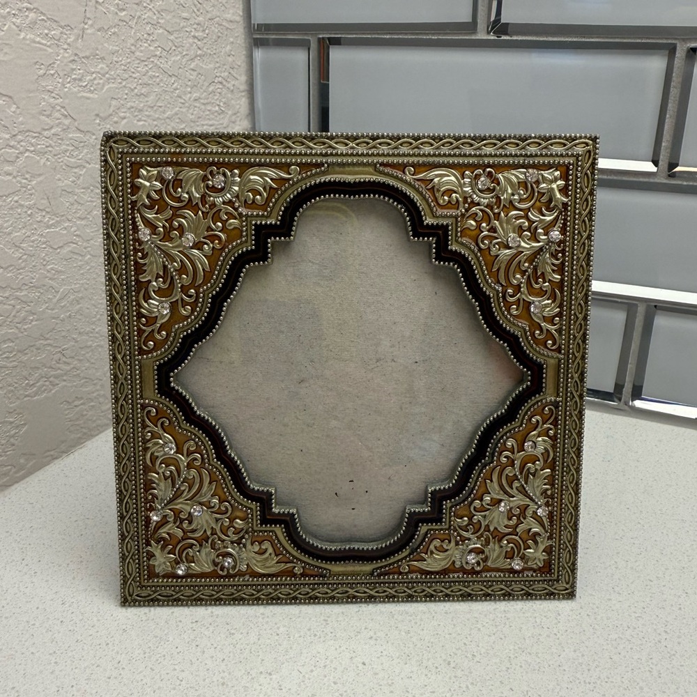 Ornate Black Tan Gold Tone Enamel Floral Rhinestones Frame Heavy - Picture 3 of 15